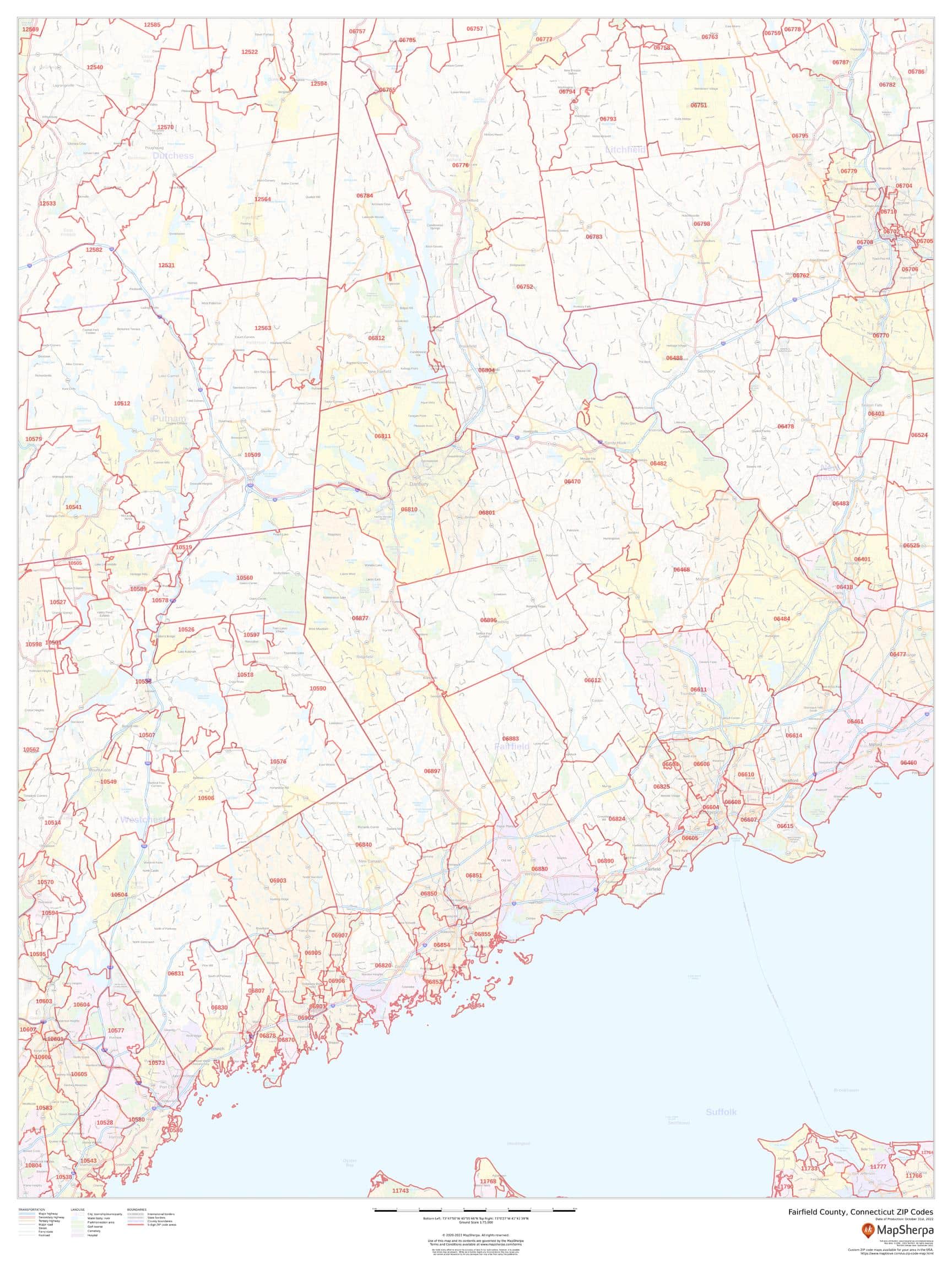 Fairfield County, Connecticut ZIP Codes by MapSherpa The Map Shop