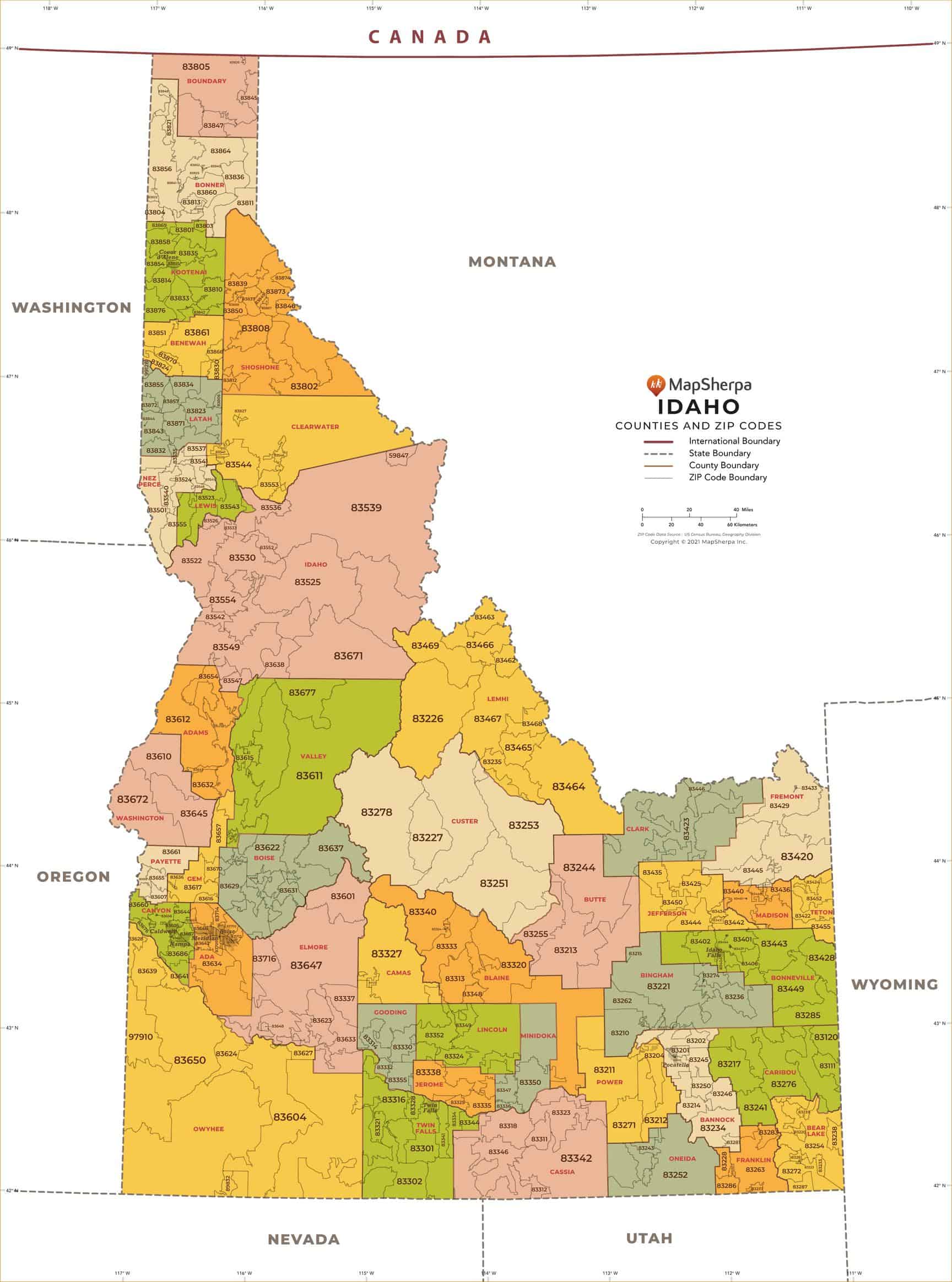 Idaho ZIP Code Map with Counties by MapSherpa The Map Shop