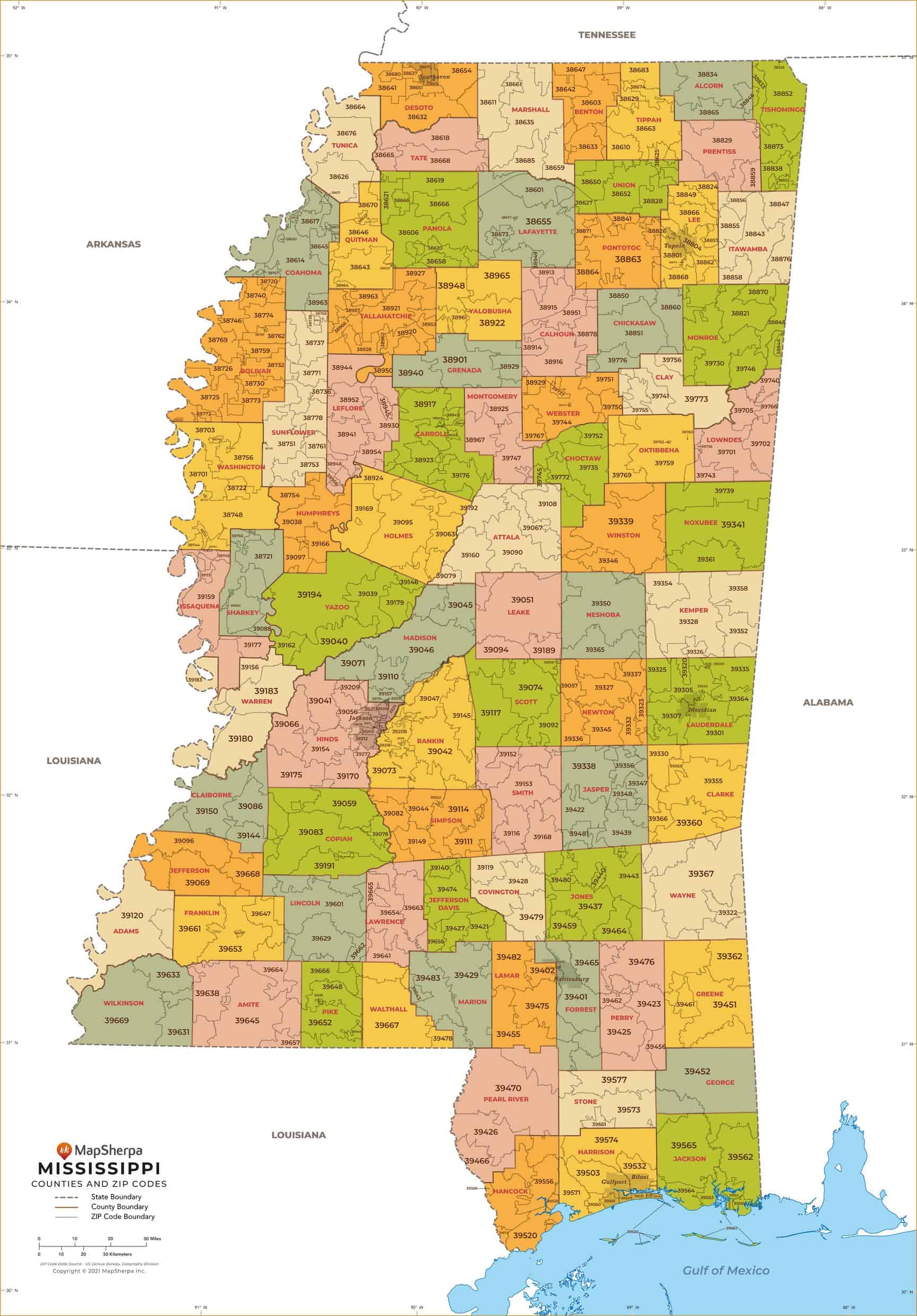 Mississippi ZIP Code Map with Counties by MapSherpa The Map Shop