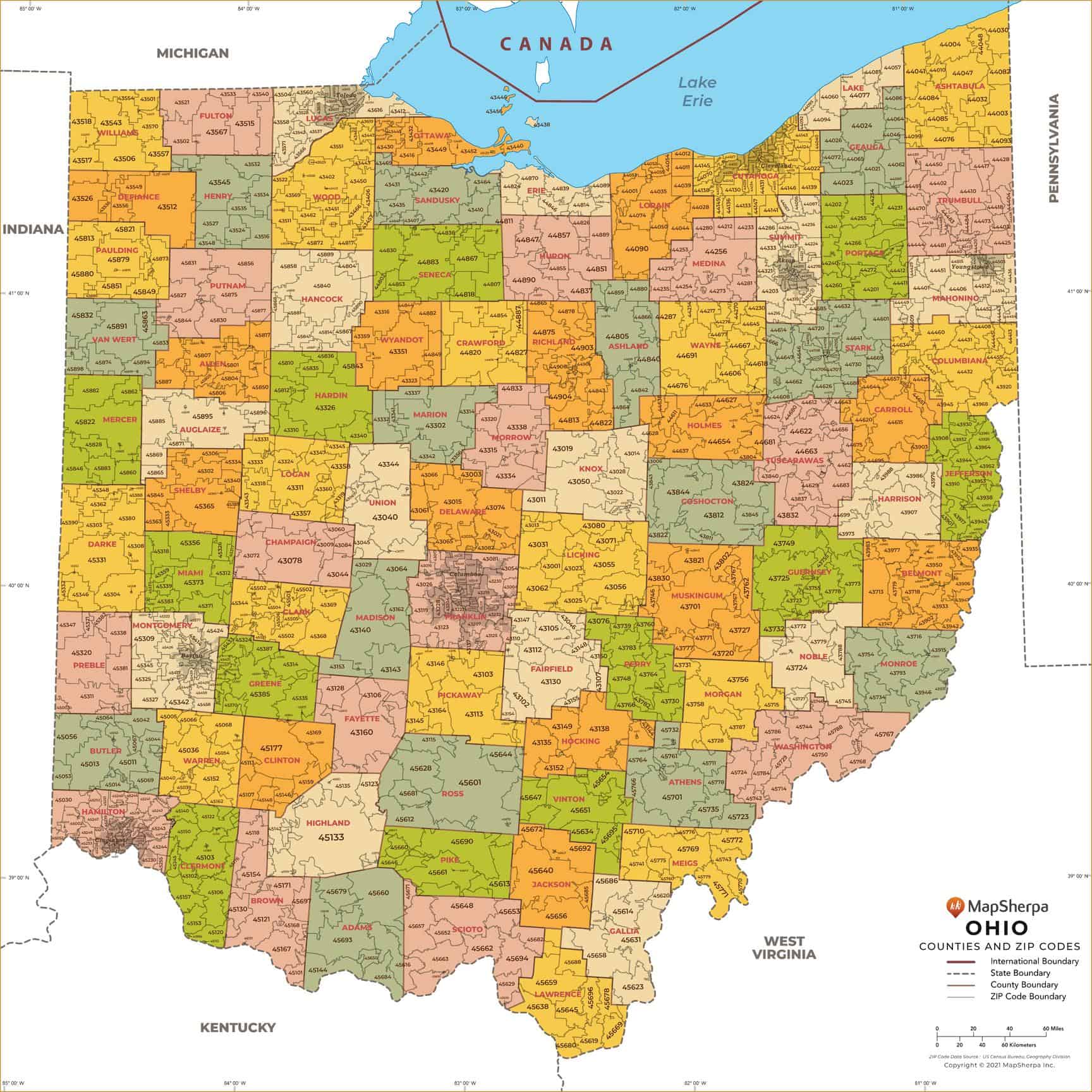 Ohio ZIP Code Map with Counties by MapSherpa The Map Shop