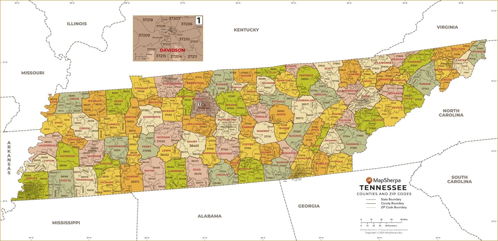 Tennessee ZIP Code Map with Counties by MapSherpa The Map Shop