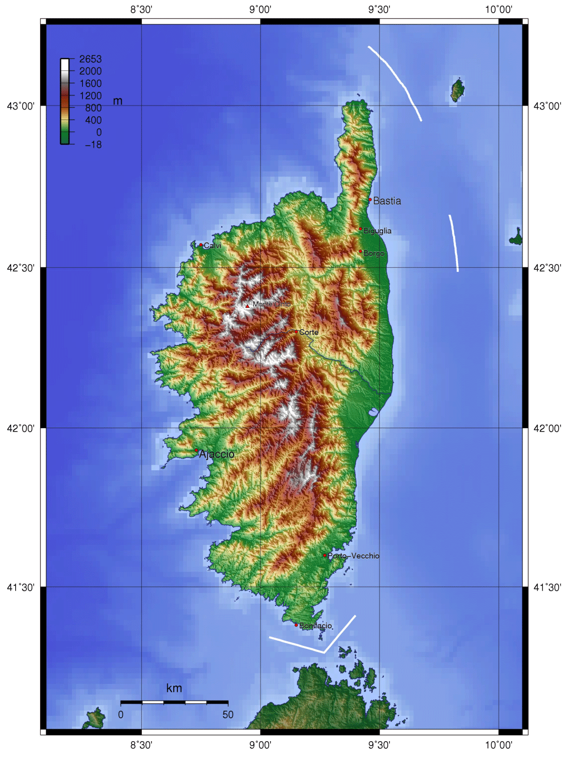 Bravone Korsika Karte Corsica Topography