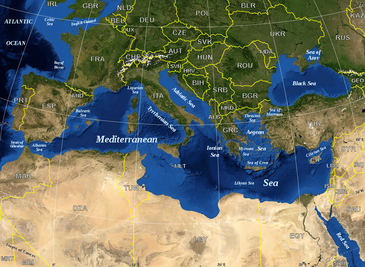 Aerial Political Map Of Mediteranean And Ionean Sea Mediterranean Sea Political Satellite Map