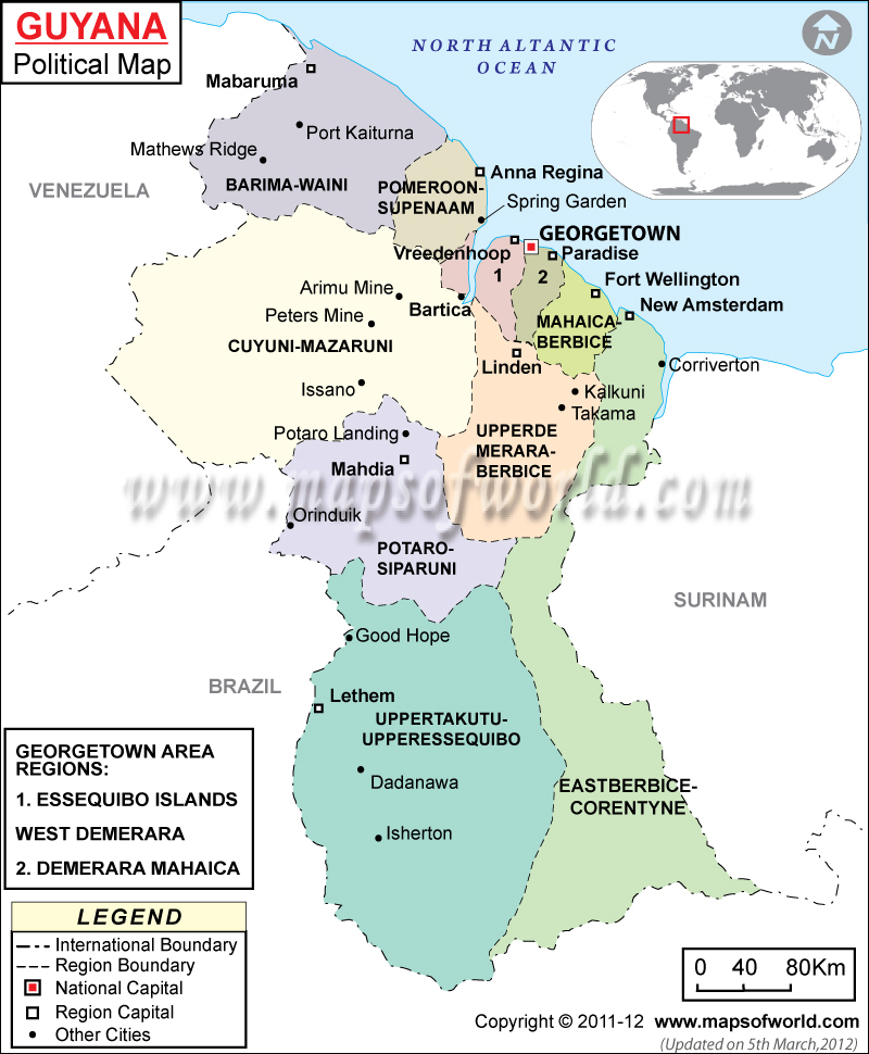 Map Of Guyana Regions Cities And Towns Map