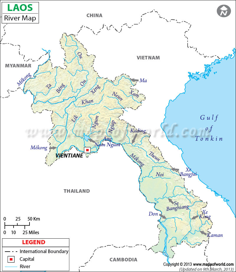 River Map of Laos, Laos River Map, Detailed Laos Map, Laos River