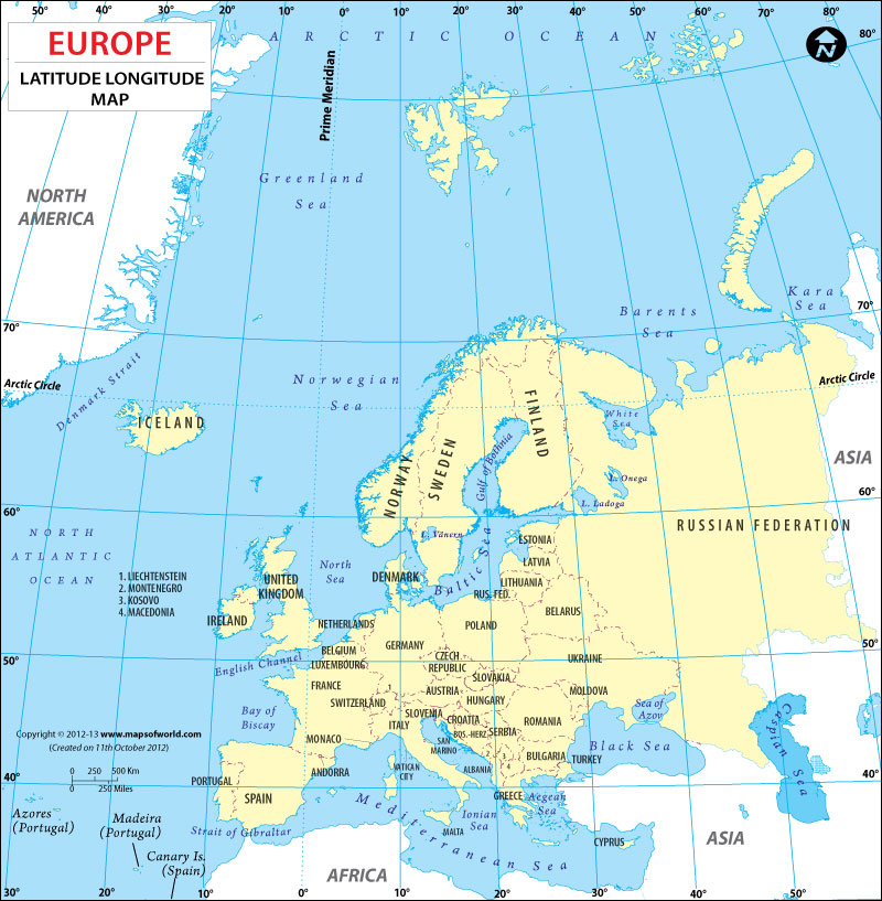 Europe Latitude and Longitude Map, Lat Long Maps of European Countries