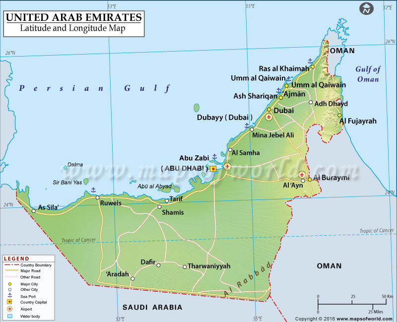 United Arab Emirates Latitude and Longitude Map