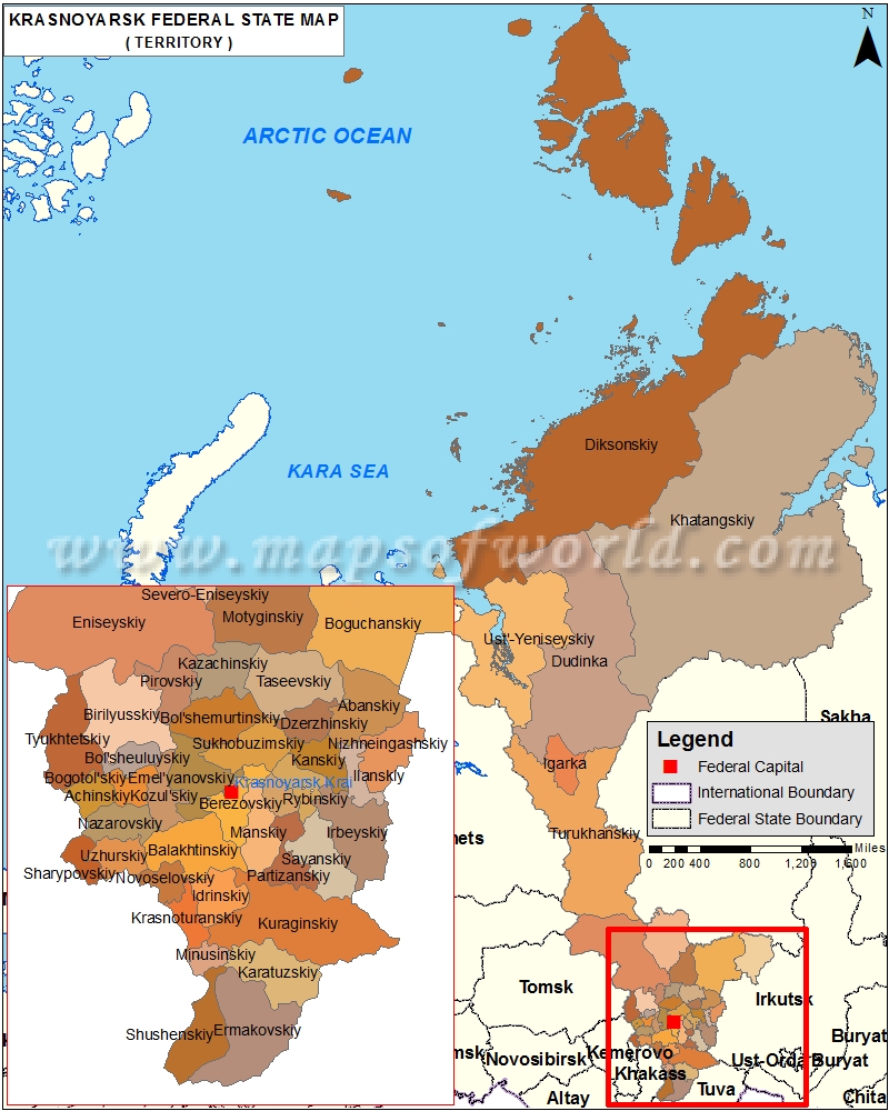 Krasnoyarsk Map, Kray of Krasnoyarsk, Russia