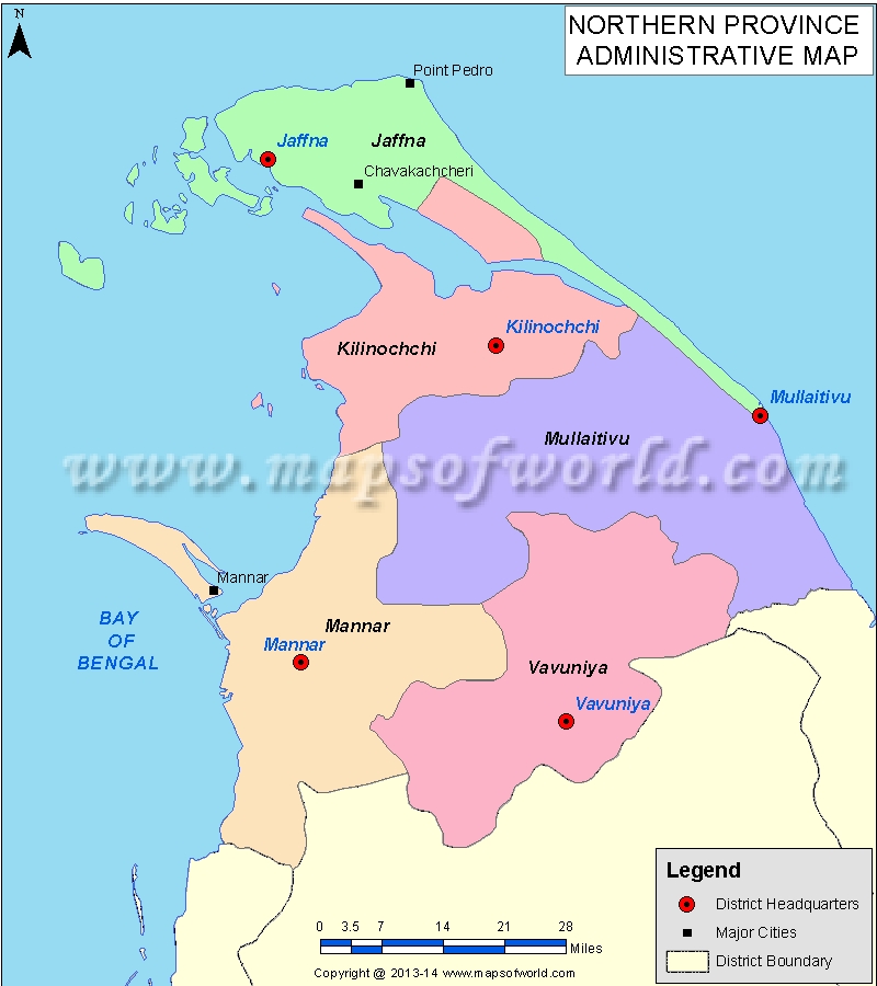 Northern Province Map, Districts of Northern Province of Sri Lanka