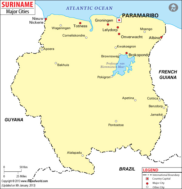 Suriname Cities Map, Major Cities in Suriname