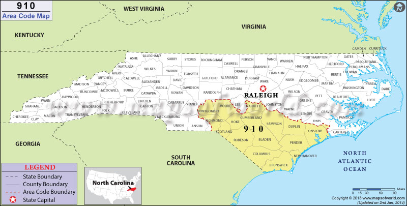 910 Area Code Map, Where is 910 Area Code in North Carolina