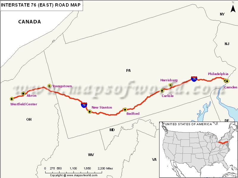 US Interstate 76 (I76) East Map Westfield Center, Ohio to Camden