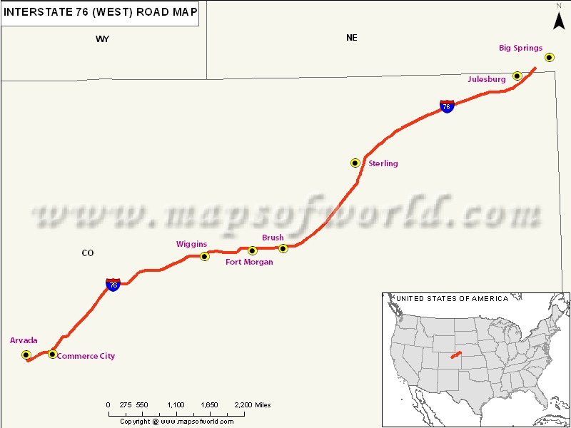 US Interstate 76 (I76) West Map Denver, Colorado to Big Springs, Nebraska