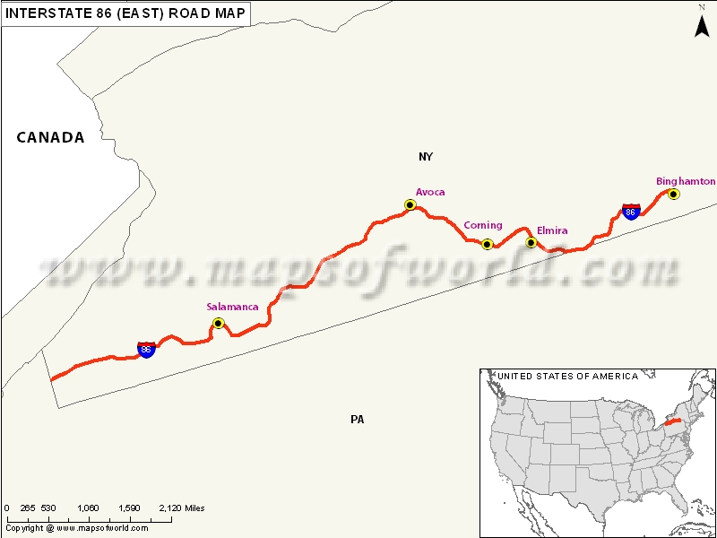US Interstate 86 (I86) East Map Erie, Pennsylvania to Elmira, New York
