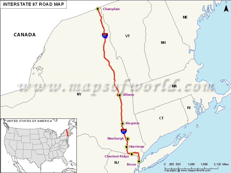 US Interstate 87 (I87) Map New York to Champlain, New York (Canada)