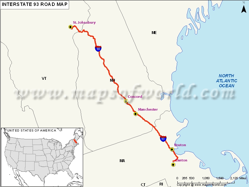 US Interstate 93 (I93) Map Canton, Massachusetts to St. Johnsbury, Vermont