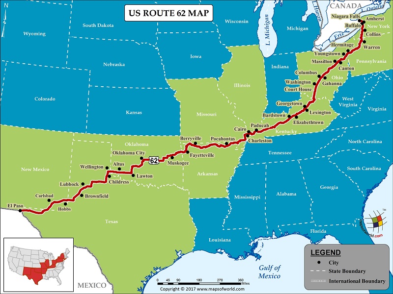 US Route 62 Map for Road Trip, Highway 62
