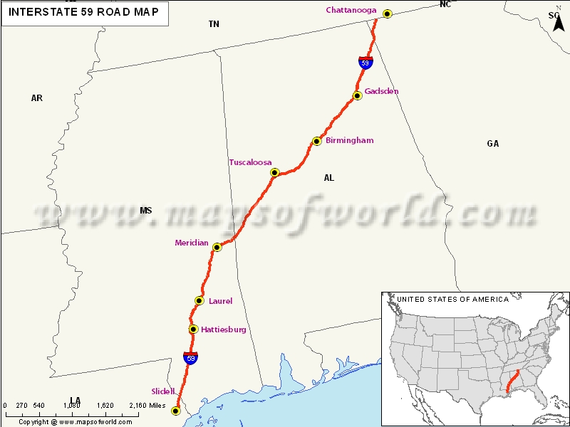 US Interstate 59 (I59) Map Slidell, Louisiana to Lookout Mountain