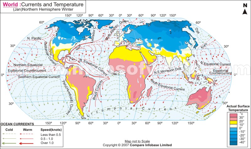 Current World Temperature Map World Map - Currents And Temperature In Jan