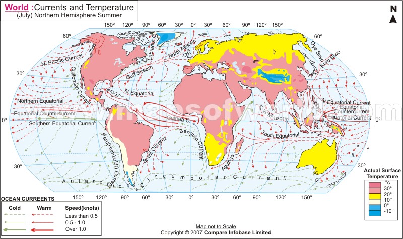Current World Temperature Map World Map - Currents And Temperature In July