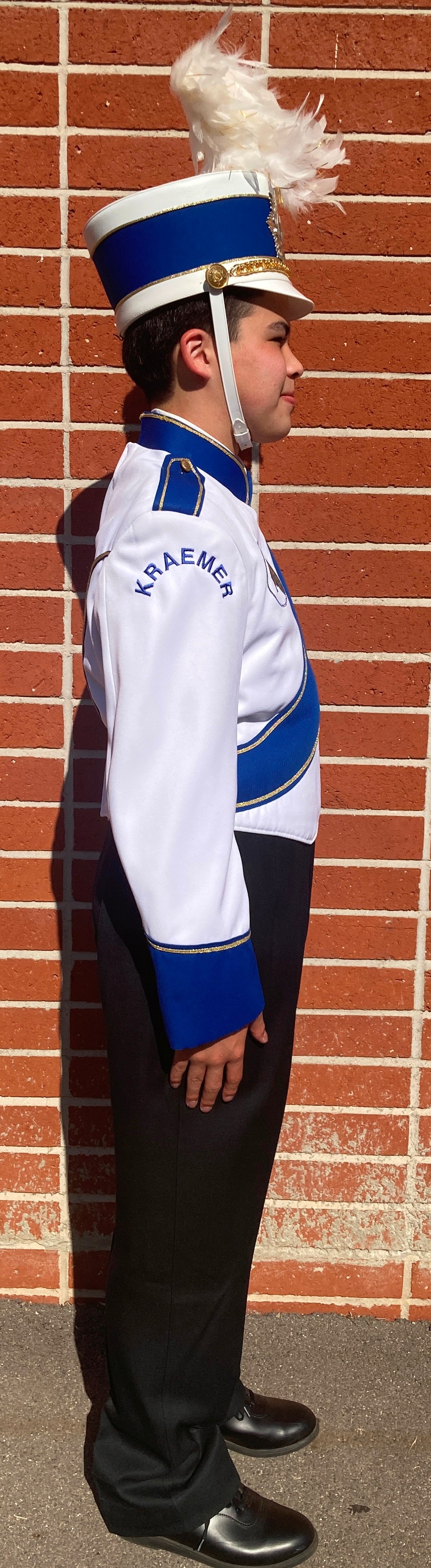 Blue and White Used Marching Band Jackets and Black Fruhauf Bibs