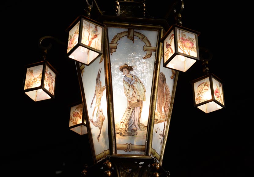 Beautiful Japaneseinspired bronze chandelier with six lanterns and