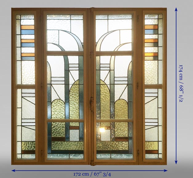 Small stainedglass window with an Art Deco decoration, circa 1940