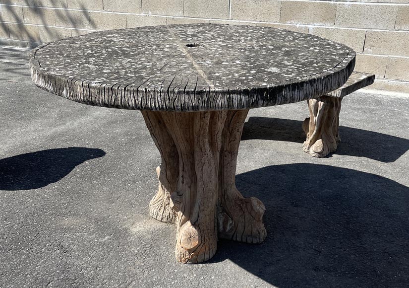 Concrete Rustic style garden furniture imitating trees, middle of the