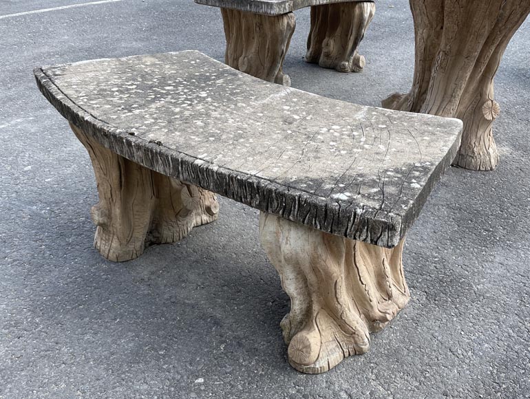 Concrete Rustic style garden furniture imitating trees, middle of the