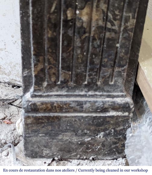 Grey Sainte Anne marble mantel with flowers and carved rosettes from