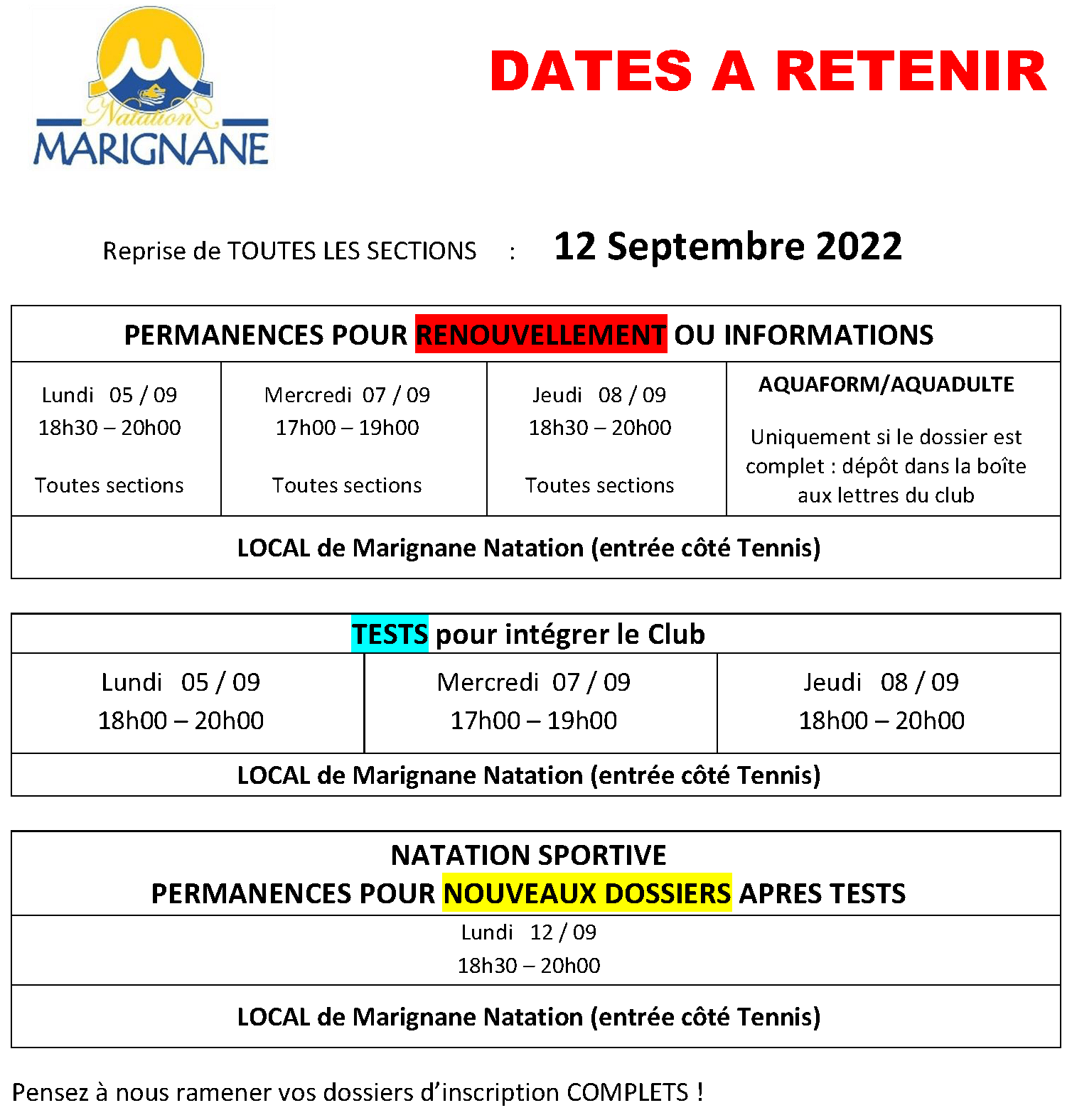 Saison 2022/2023 Reprise des cours Permanences Marignane Natation