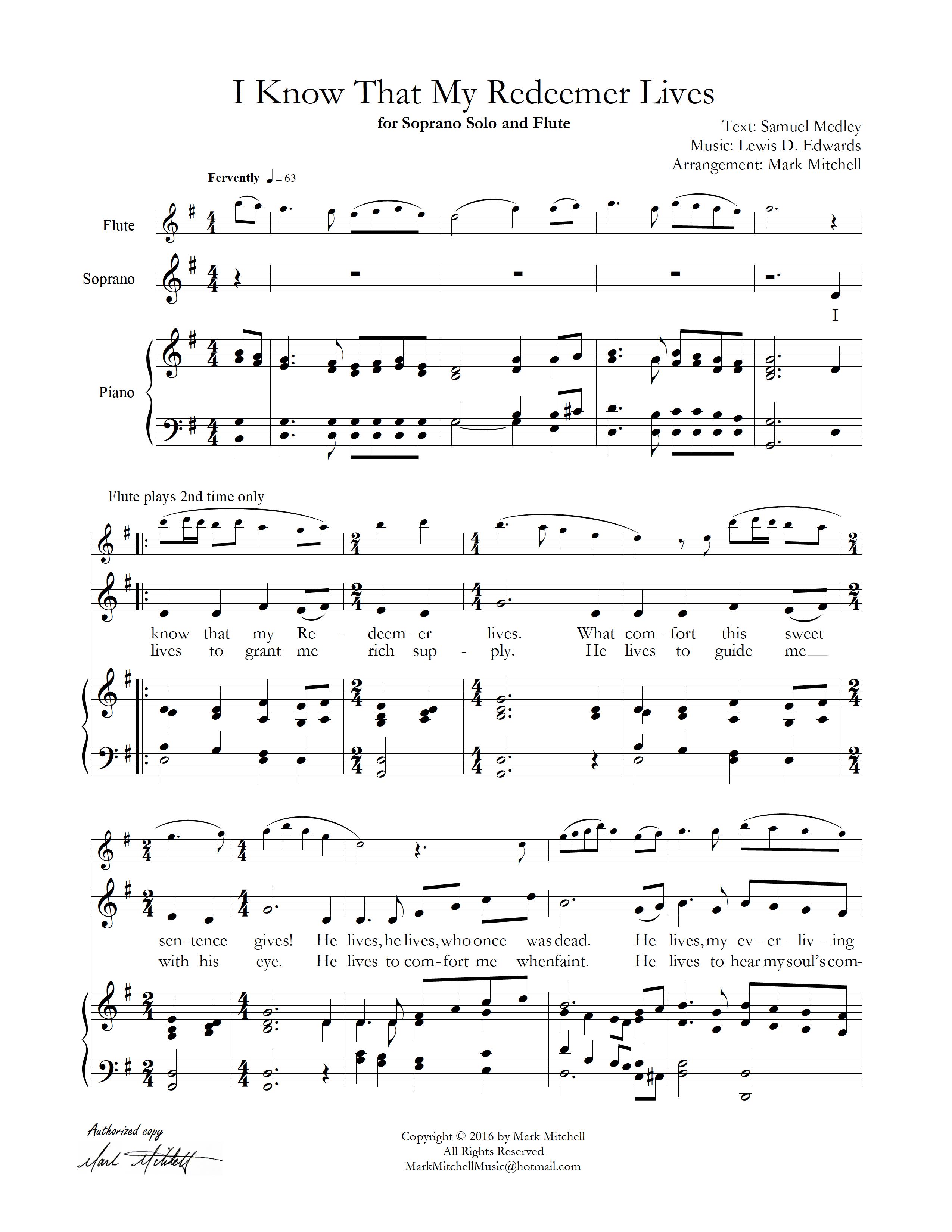 I Know That My Redeemer Lives Simplified Soprano, Flute and Piano