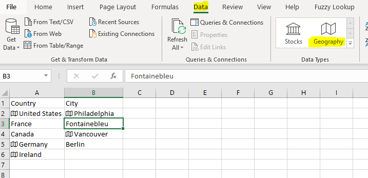 Office 365 Use "Data Types" to Look Up Company or Geographic