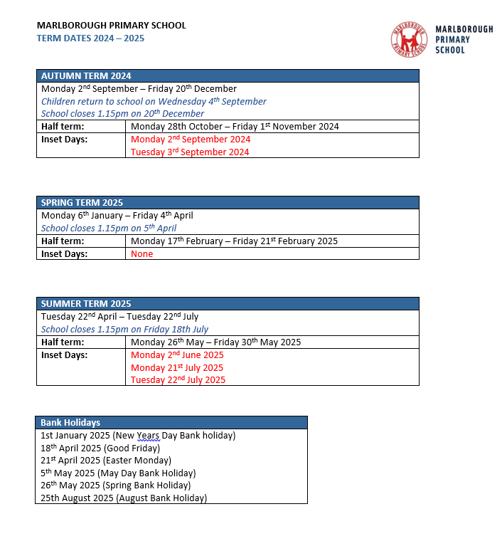 Marlborough Primary School Term Dates