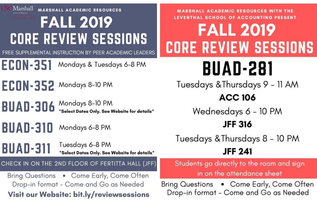 Core Review Sessions Schedule USC Marshall