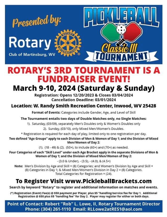 Rotary Pickleball Sponsorship 2024 Rotary Club of Martinsburg