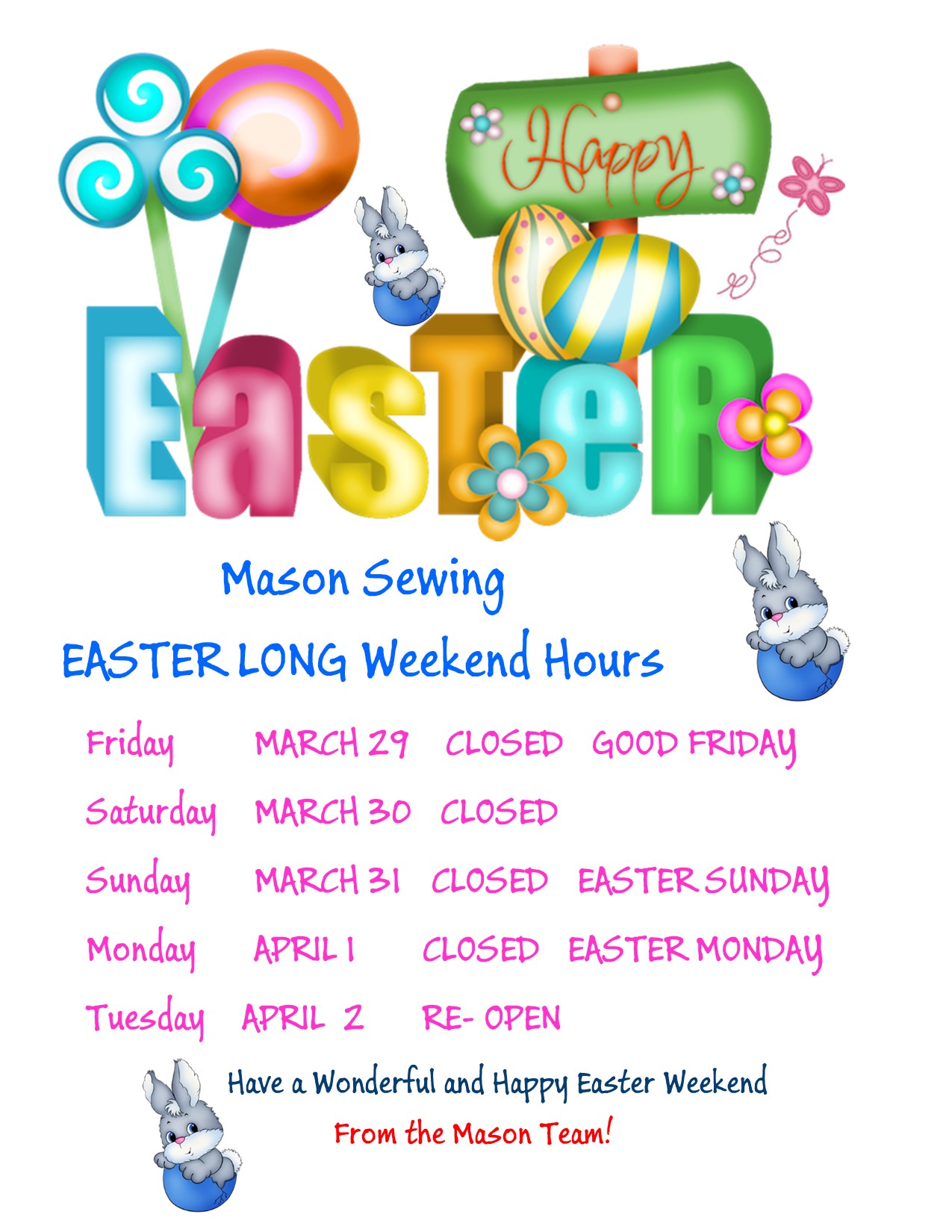 Easter 2024 Sewing Machine Vancouver, Mason Sewing Machine (604) 327