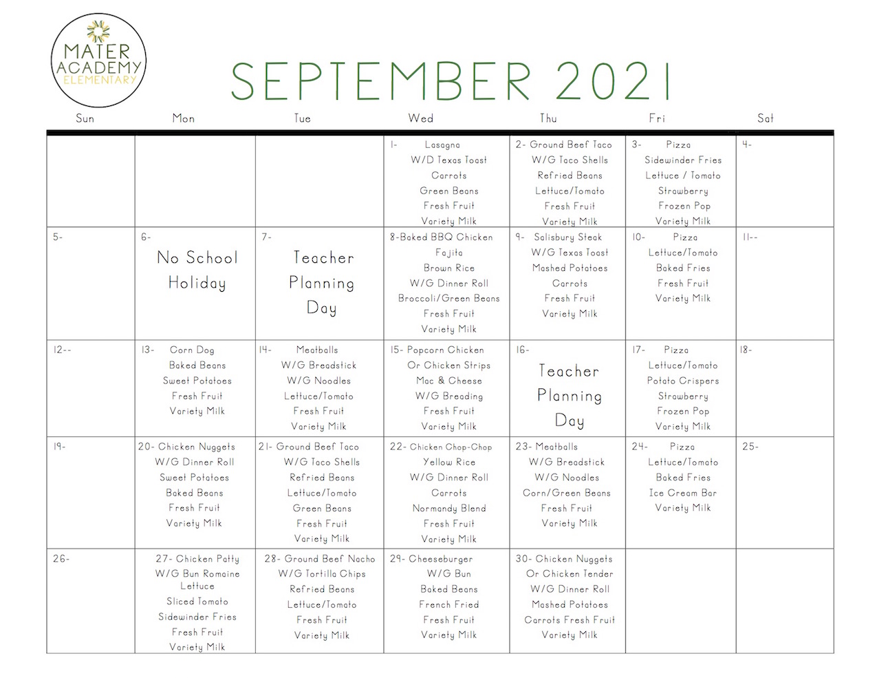 Lunch Menu Cafeteria Information Mater Academy Elementary