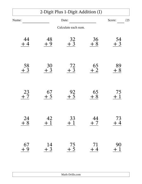 2Digit Plus 1Digit Addition With Some Regrouping (25 Questions) (I)