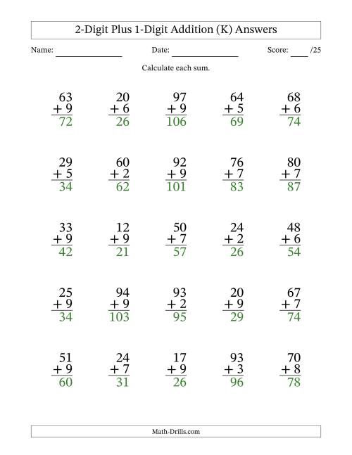 2Digit Plus 1Digit Addition With Some Regrouping (25 Questions) (K)