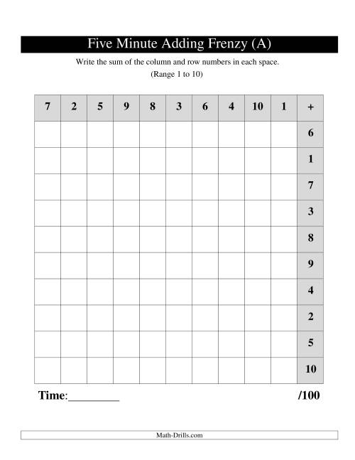 Five Minute Frenzy One per page Range 1 to 10 Left Handed (Old)