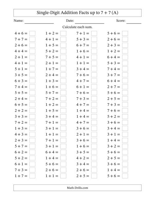 Single Digit Addition 100 Horizontal Questions Up to 7 + 7 (A)