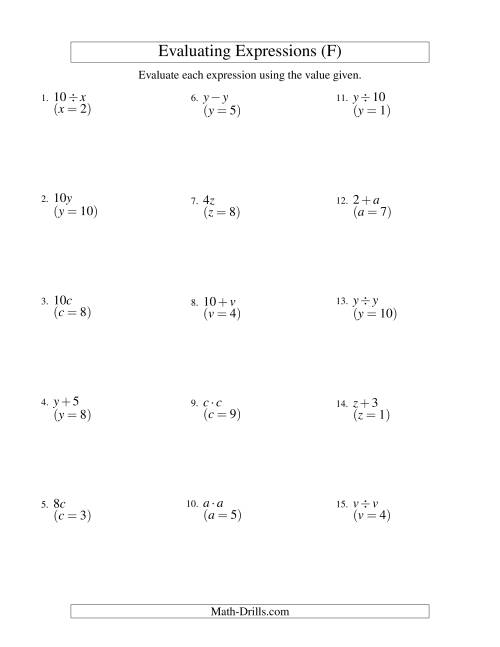 Evaluating OneStep Algebraic Expressions with One Variable and No