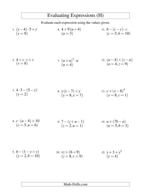 Evaluating ThreeStep Algebraic Expressions with Two Variables (H