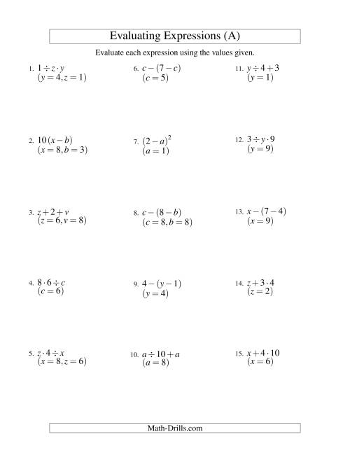 Evaluating TwoStep Algebraic Expressions with Two Variables (A