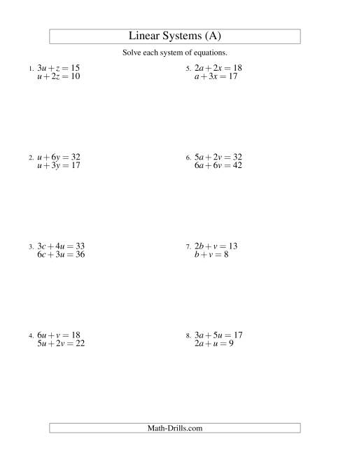 Systems of Linear Equations Two Variables (A) Algebra Worksheet