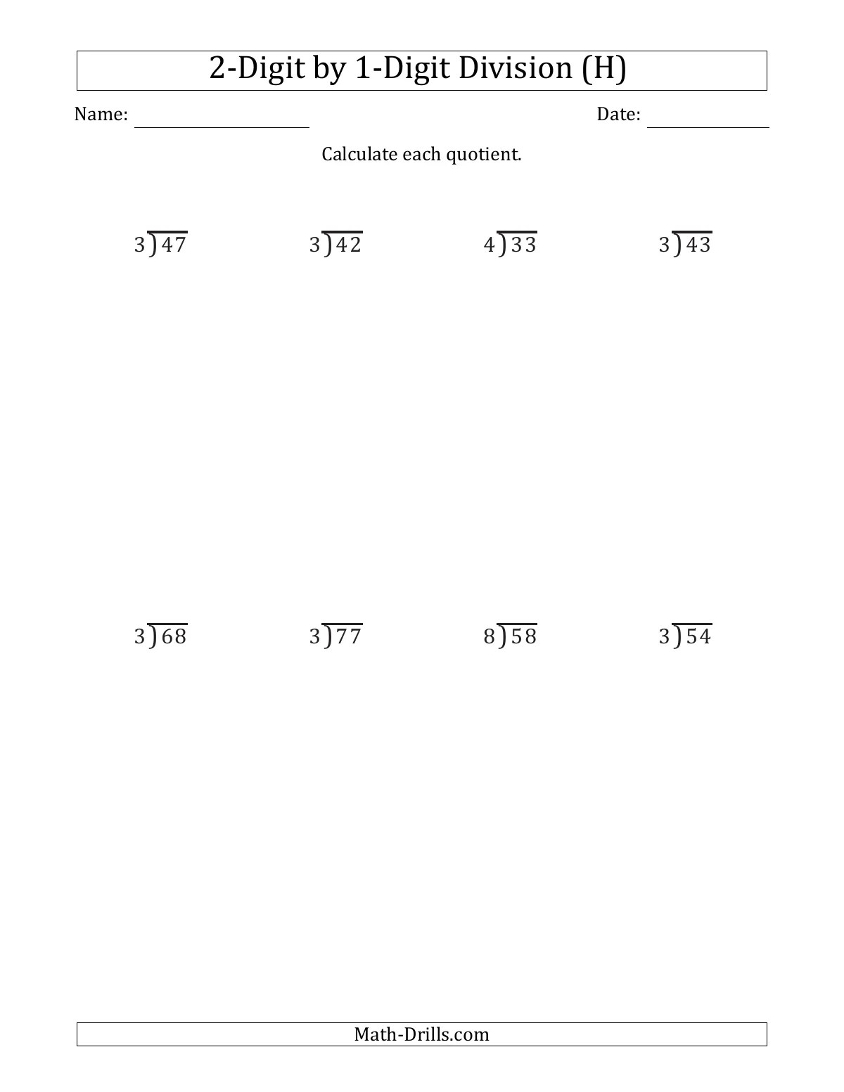 2Digit by 1Digit Long Division with Remainders and Steps Shown on