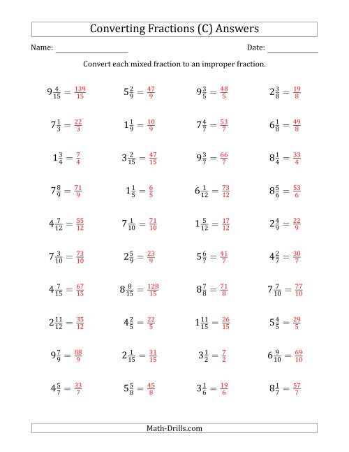 Converting Mixed Fractions to Improper Fractions (C)