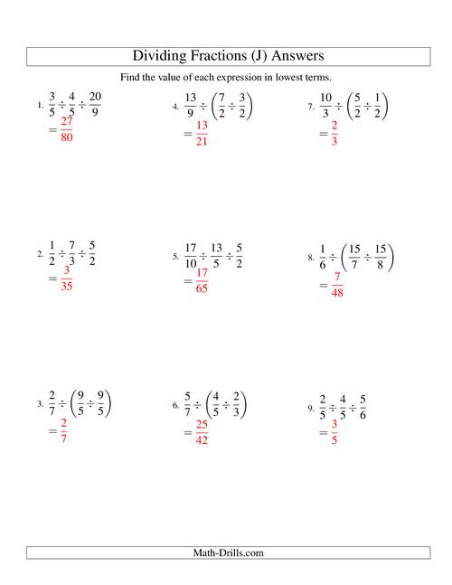 Dividing and Simplifying Proper and Improper Fractions with Three Terms (J)