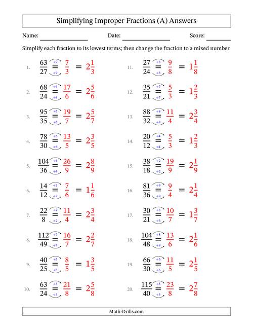 Simplifying Improper Fractions to Lowest Terms (Easier Questions) (All)